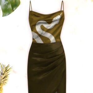 Averie Cowl Neck Asymmetrical Snake Print Slip Dress